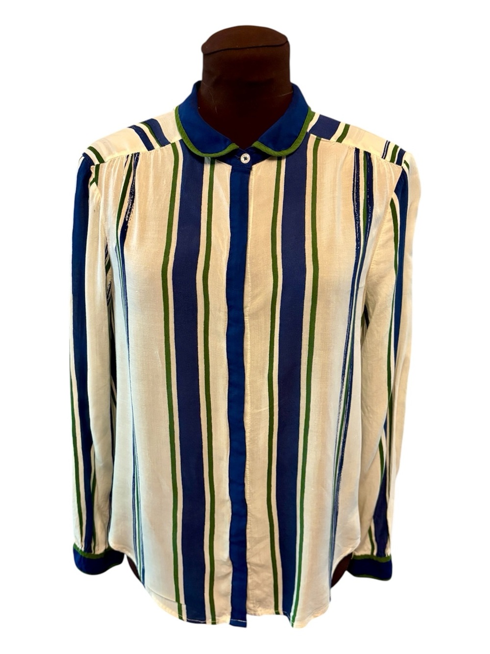 Anthropologist Maeve Striped Button-Front Blouse in White & Blue Stripes, size 6 - Picture 2 of 14